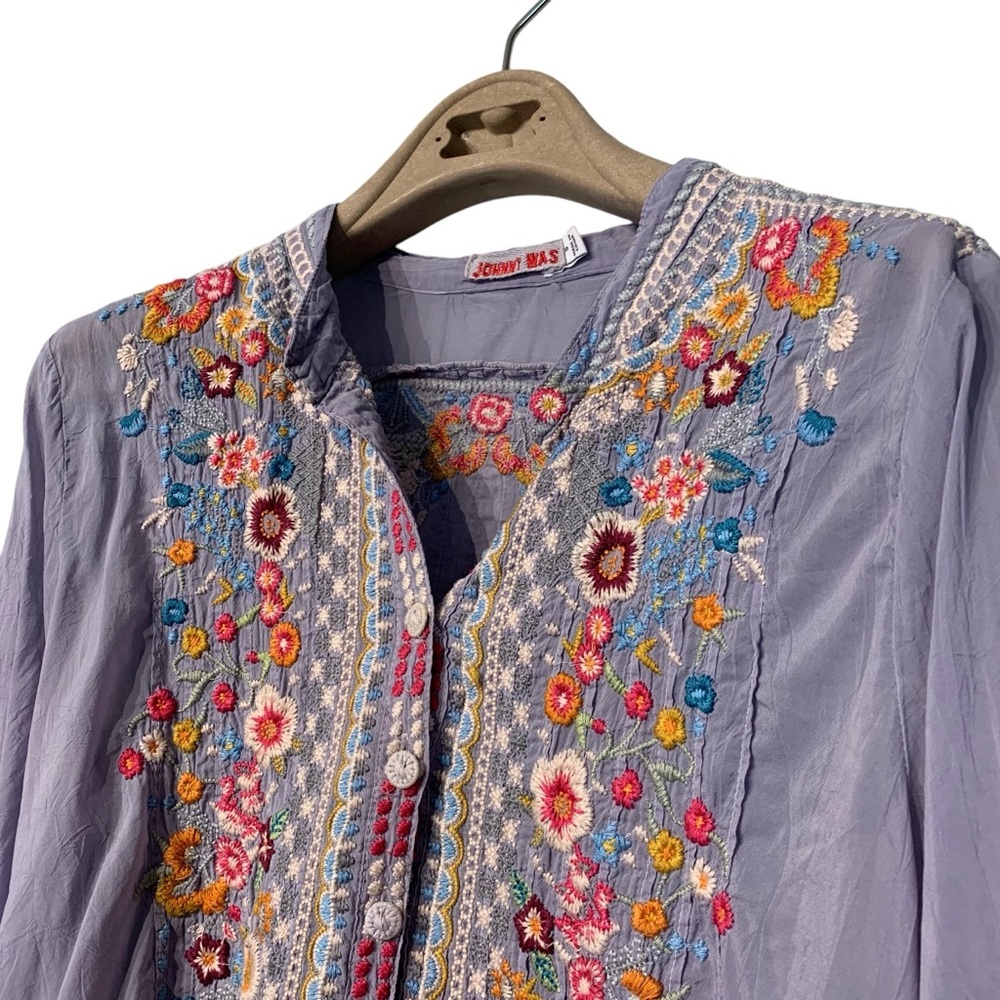 Johnny Was Lilac Embroidered Boho Tunic Top Floral Silk Blend Small - Picture 3 of 16
